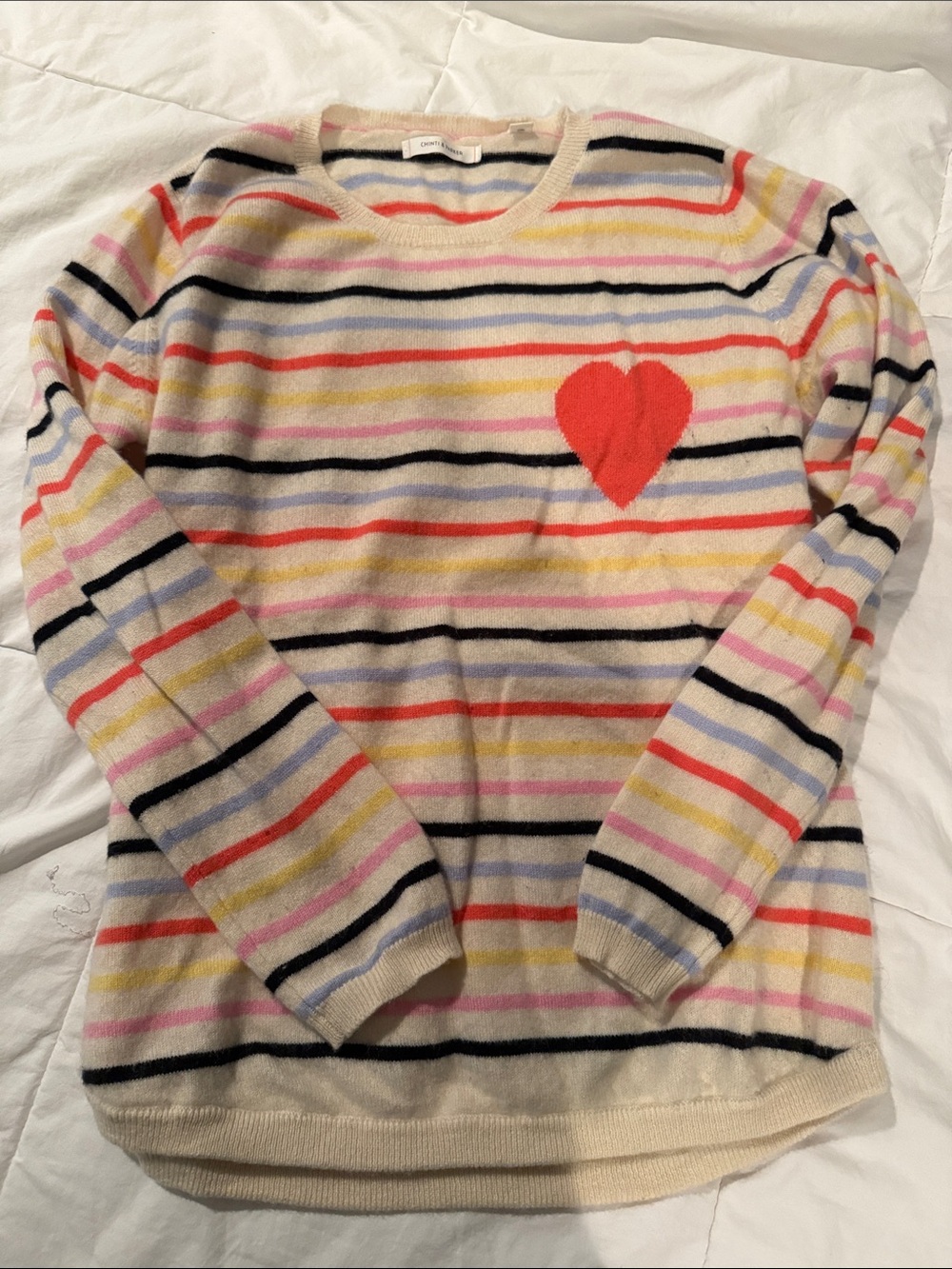 Chinti & Parker Ivory Striped Crewneck Sweater with Red Heart